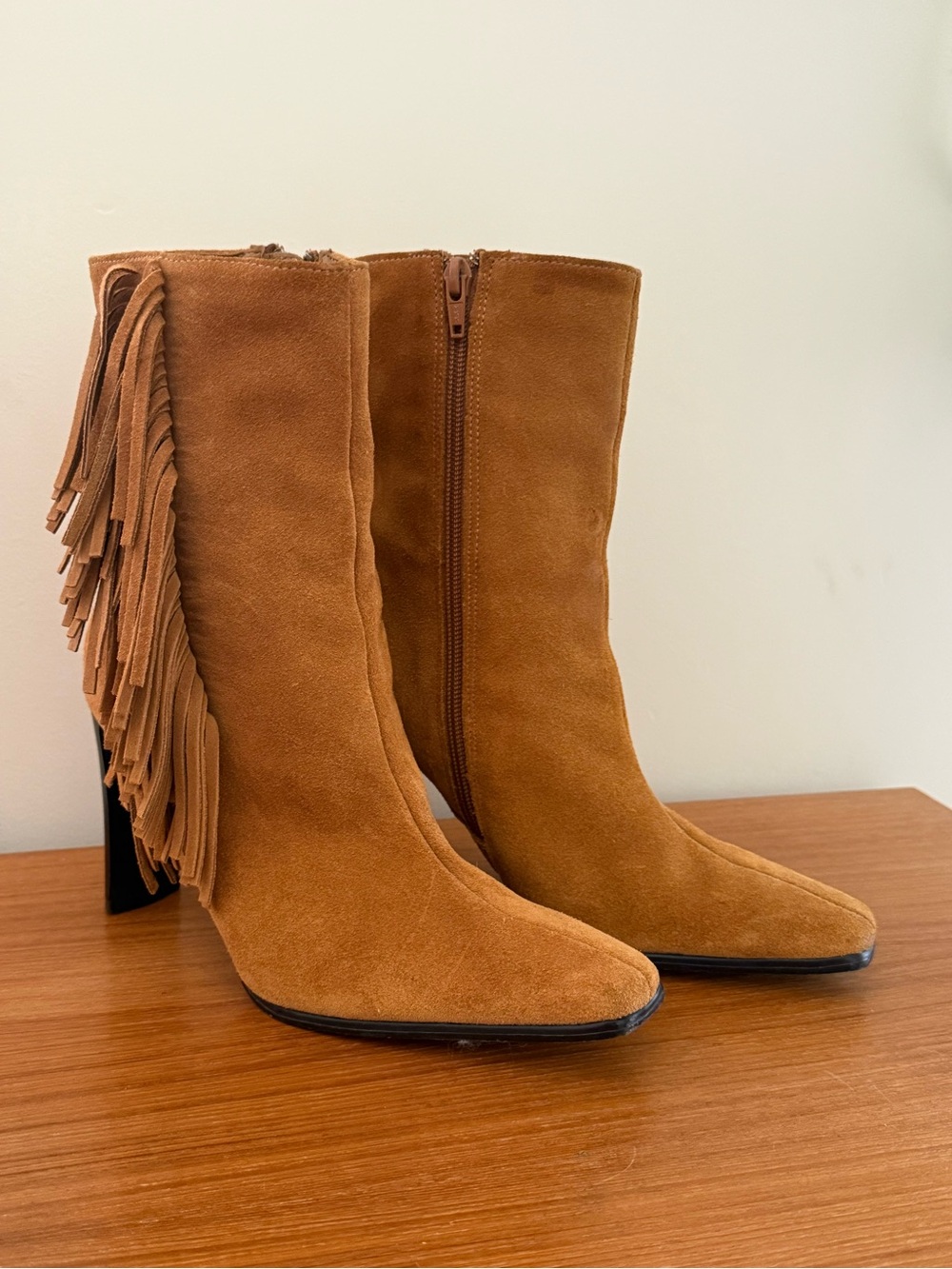 Predictions Leather Collection Suede Fringe Stiletto Ankle Boots Size 8